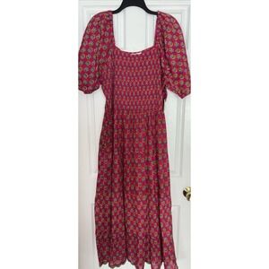 Lea Smocked Floral Maxi Tiered Dress 1X Puff Sleeve Boho Cottagecore Pockets NWT